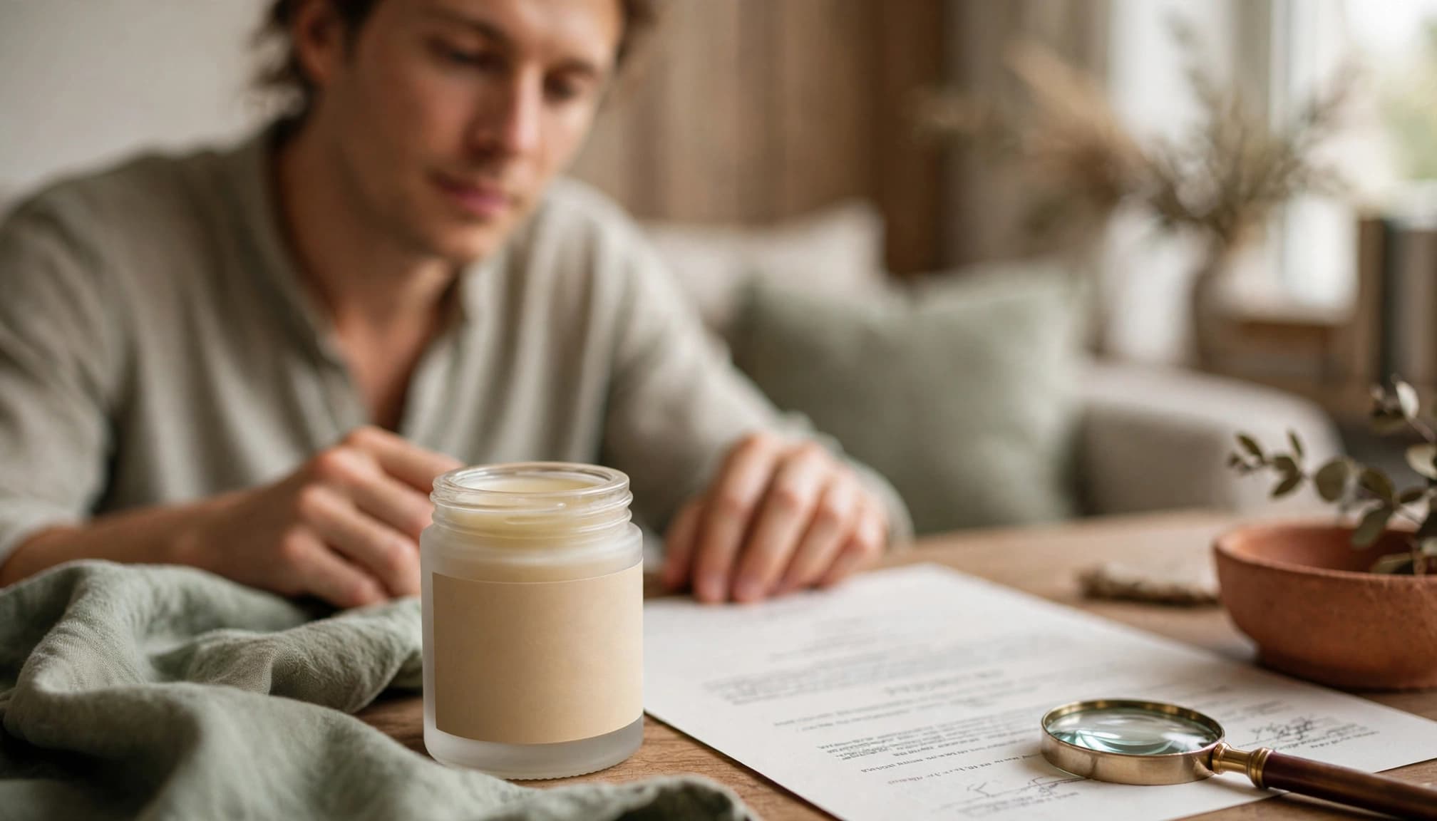 Adult examining a CBD jar beside a blurred certificate and magnifying glass.