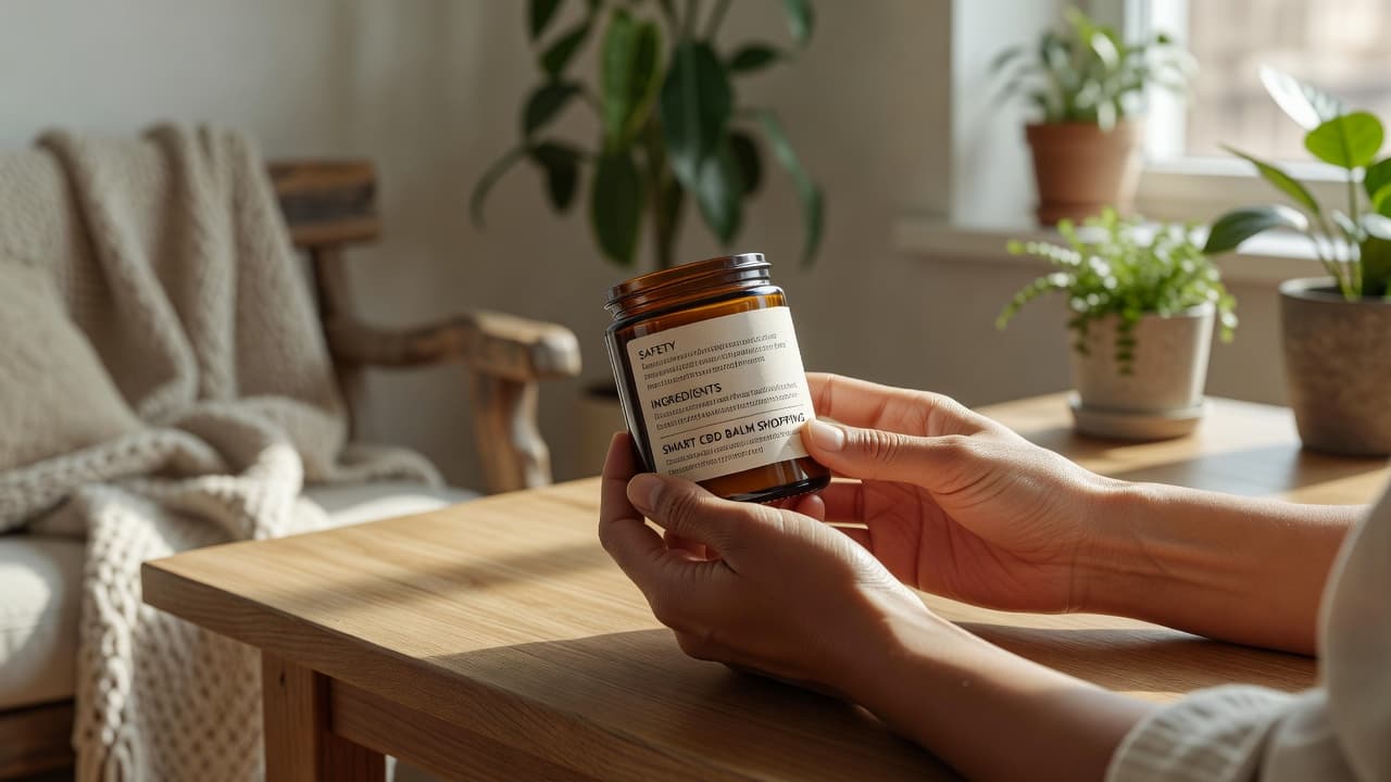 A person inspects the label of an amber glass jar in a sunlit room.