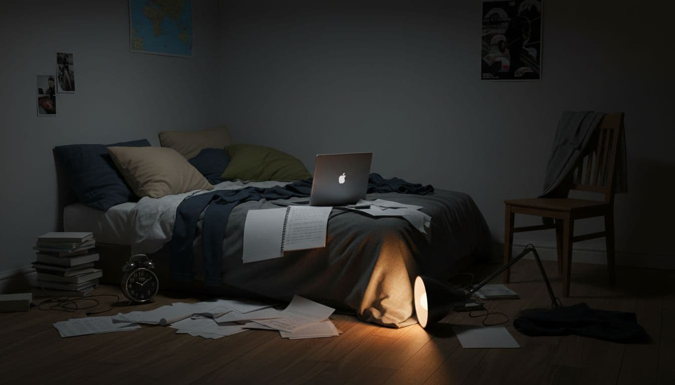 Cluttered bedroom corner at night resembling an office workspace, with open laptop on unmade bed, papers, notebook nearby, desk lamp on floor casting harsh light, alarm clock at 1 AM, mismatched pillows and clothes against slate gray walls and wooden floor.