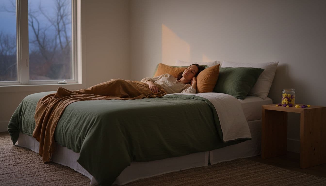 Person lies in bed eyes closed in dusk-lit bedroom, nightstand with small jar of gummies.