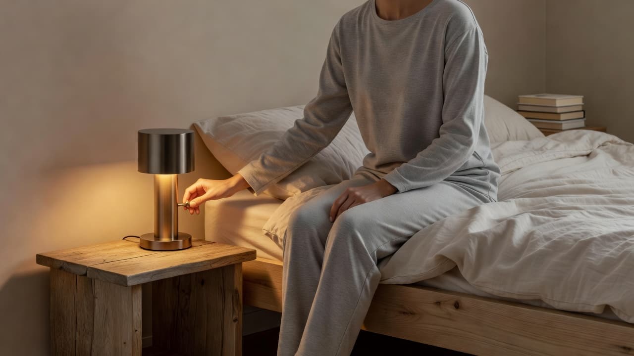A person in a minimalist bedroom adjusts the warm-toned lamp on a wooden nightstand. Soft shadows play across the textured fabric bedding, creating a peaceful environment for a relaxing nightly routine.
