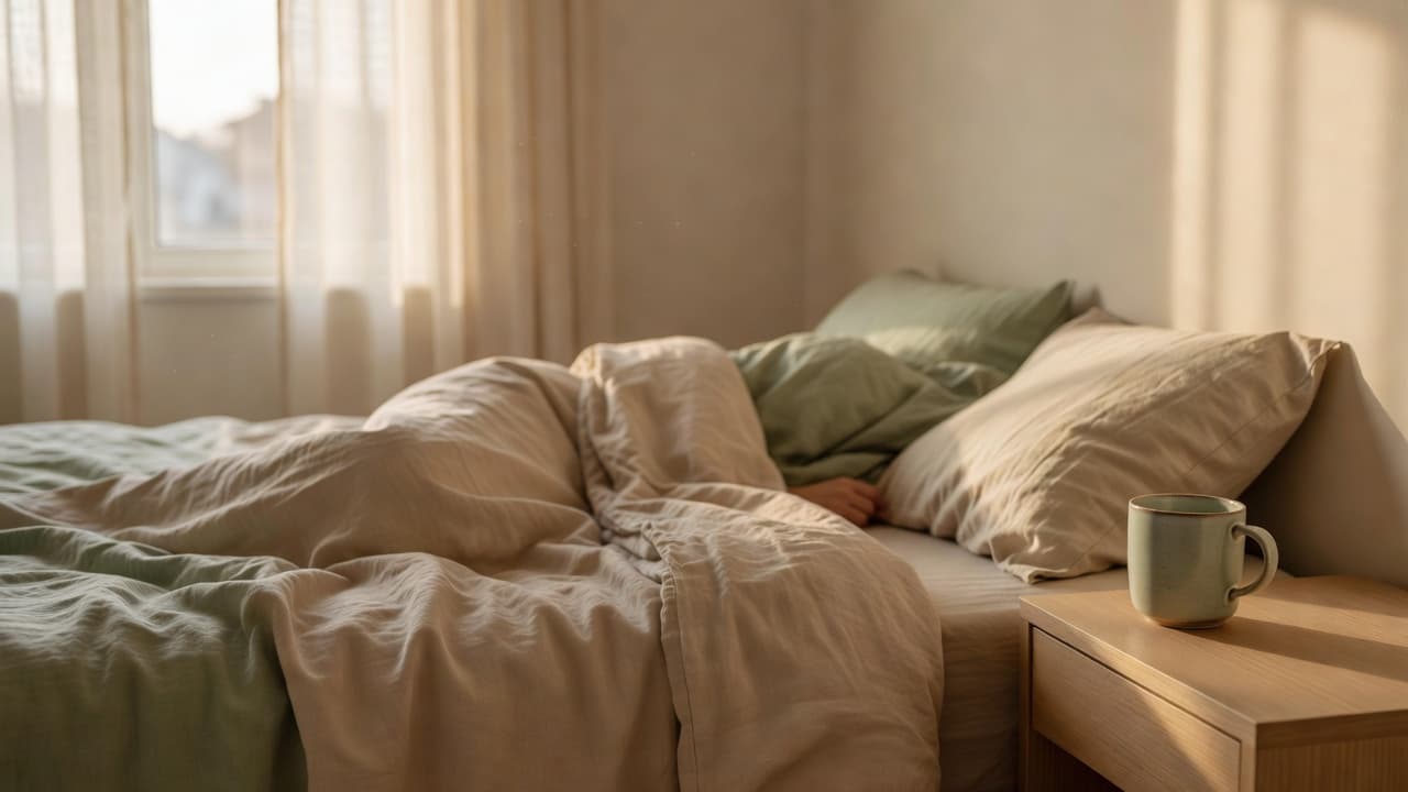 Soft linen bedding and a mug on a nightstand in a sunlit bedroom.