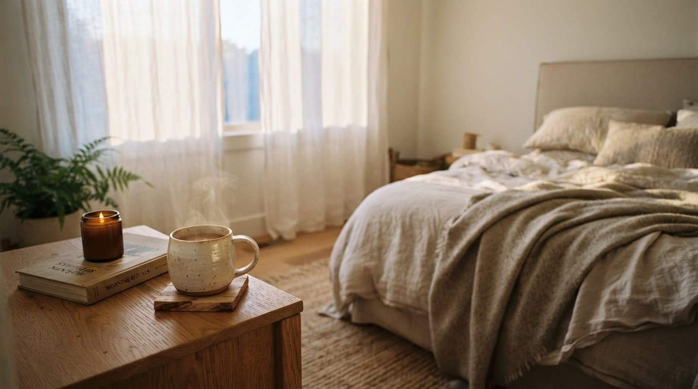 A cozy bedroom with linen curtains, a made bed, and a mug on the nightstand.