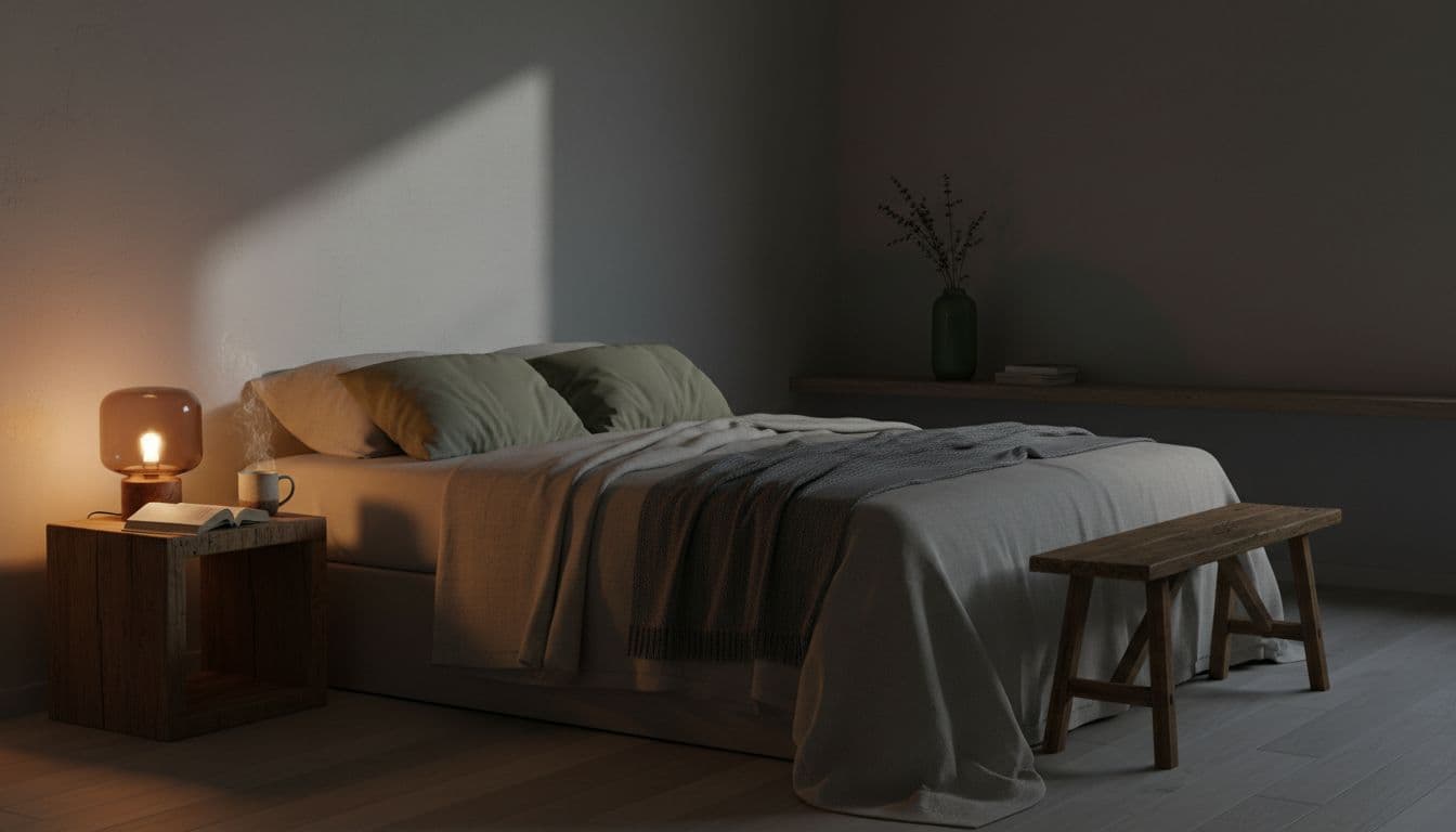 Serene minimalist bedroom at night with warm amber lamp light on wooden nightstand holding herbal tea mug and book, neutral linen bed, earthy green accents in forest green and slate gray tones, inviting for sleep.