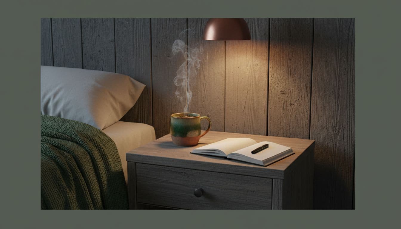 Cozy wooden nightstand in a West Bloomfield Michigan bedroom during early evening, with steaming herbal tea in a ceramic mug, open linen journal and pen, soft amber lamp light, forest green throw blanket, minimalist earthy tones.