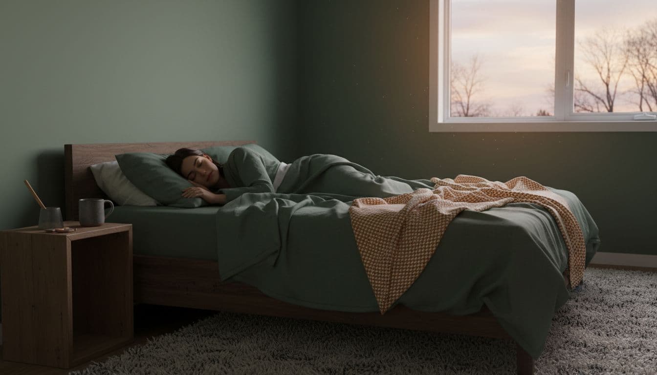Cozy bedroom interior in West Bloomfield MI home at dusk with one person sleeping peacefully, soft natural light from window, rumpled linen sheets, wooden nightstand with mug, earthy tones, minimalist style.