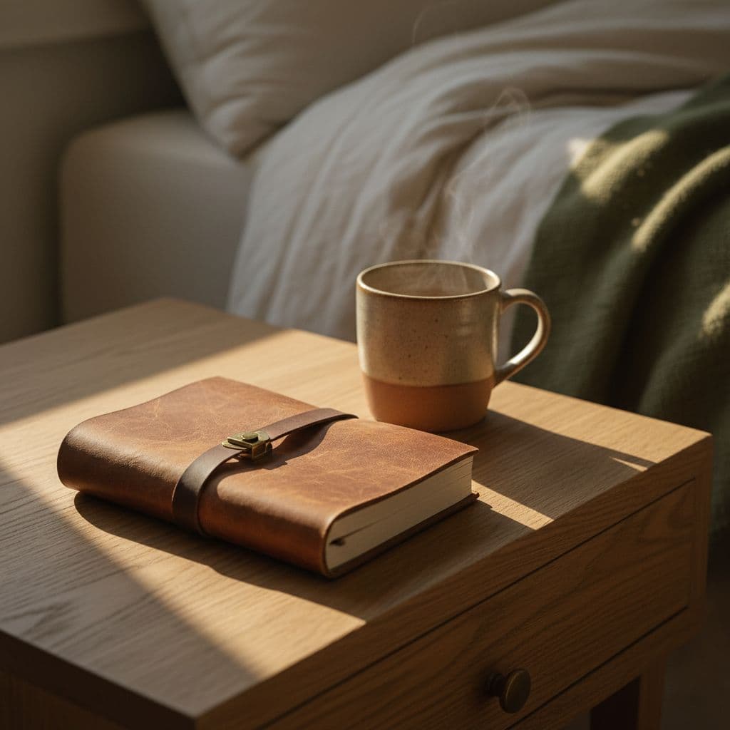 A closed journal and ceramic mug sit on a sunlit wooden bedside table.