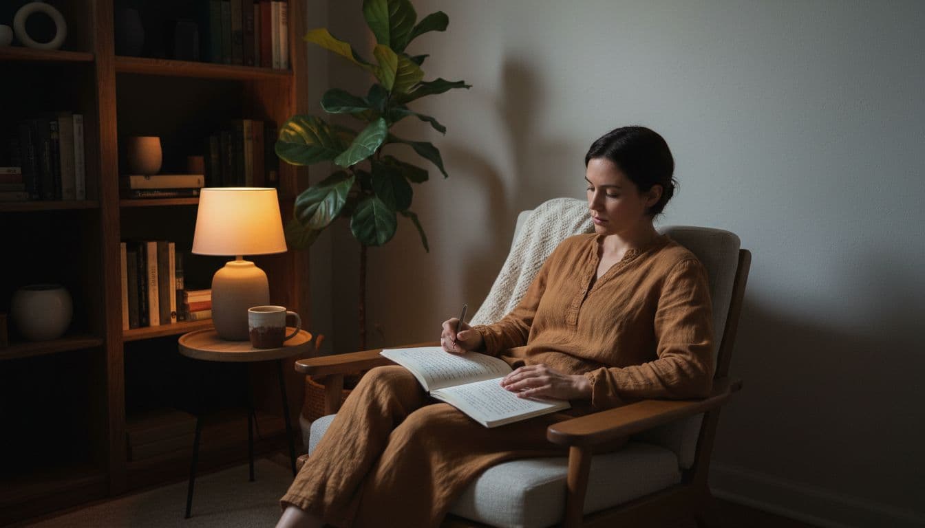 A relaxed adult performs gentle brain dump journaling on an open notebook in a wooden armchair in a cozy West Bloomfield MI living room at dusk, with soft amber lamp light, potted plants, bookshelf, and minimalist decor in forest greens, slate grays, and warm earth tones.