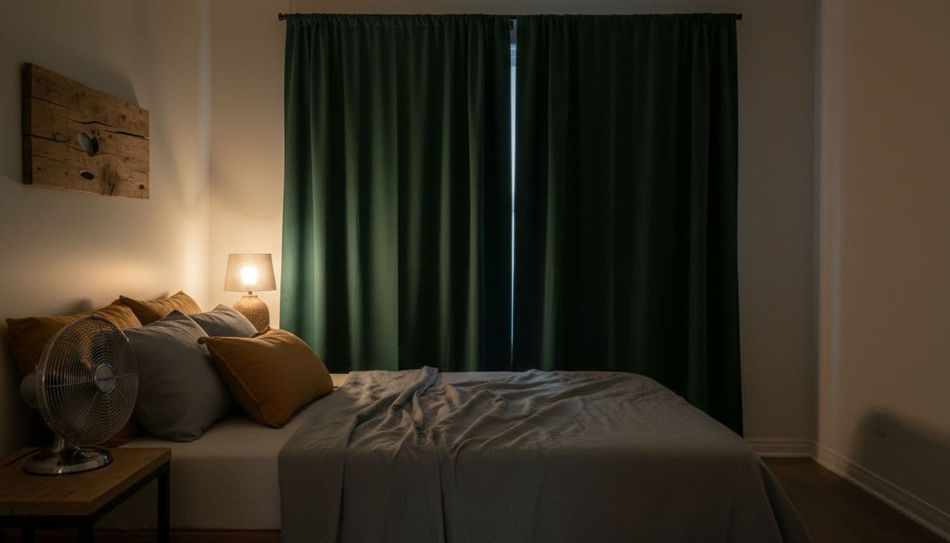 Minimalist bedroom with blackout curtains, fan on nightstand, made bed, and dim lamp casting shadows.