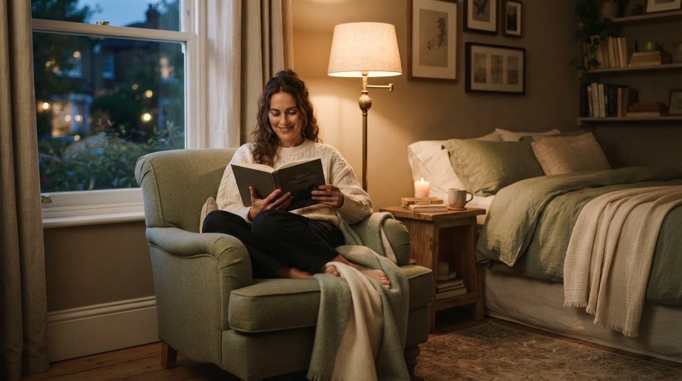 An adult reads a book in a softly lit bedroom chair.