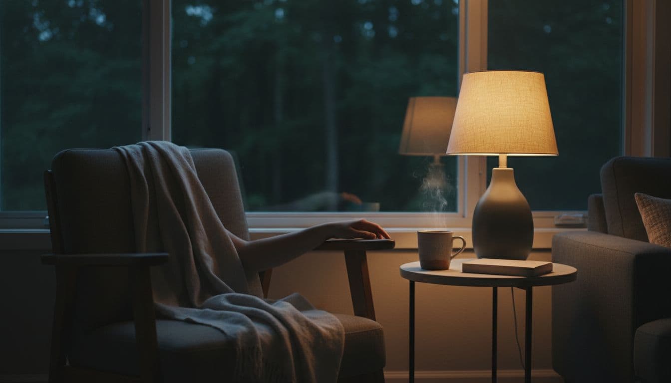 Relaxed hand on linen blanket over wooden chair beside steaming tea mug under lamp glow, dark forest through window.