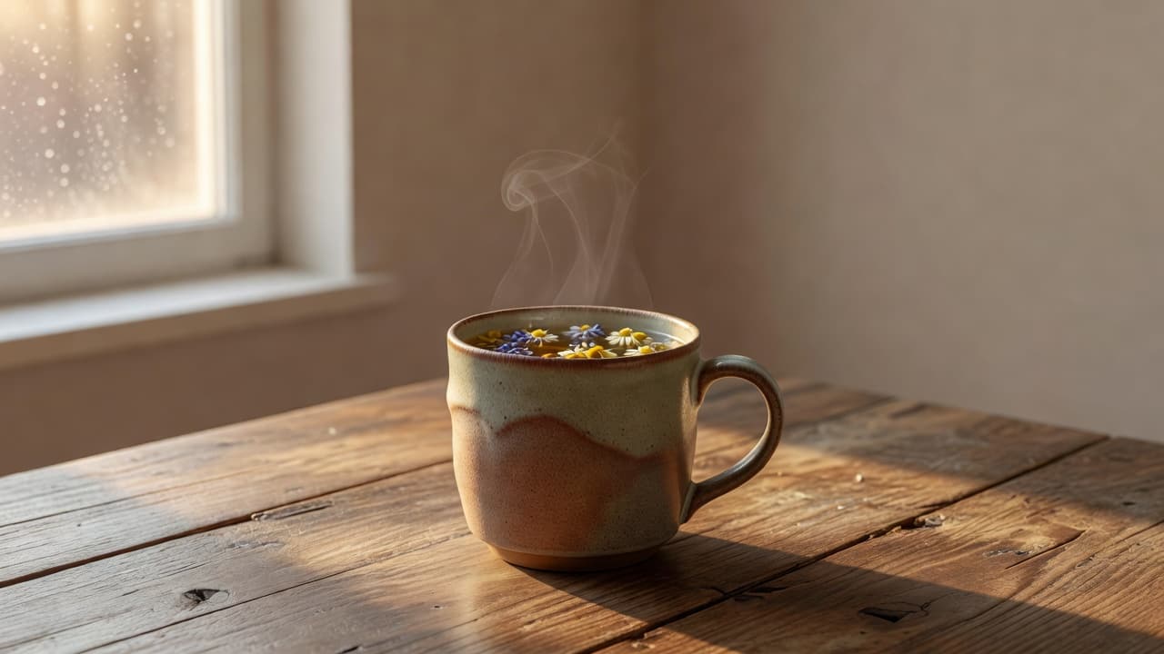 A steaming ceramic mug of herbal tea rests on a rustic wooden tabletop during a quiet evening. Golden light streams through the adjacent window, illuminating the textured grain of the wood.