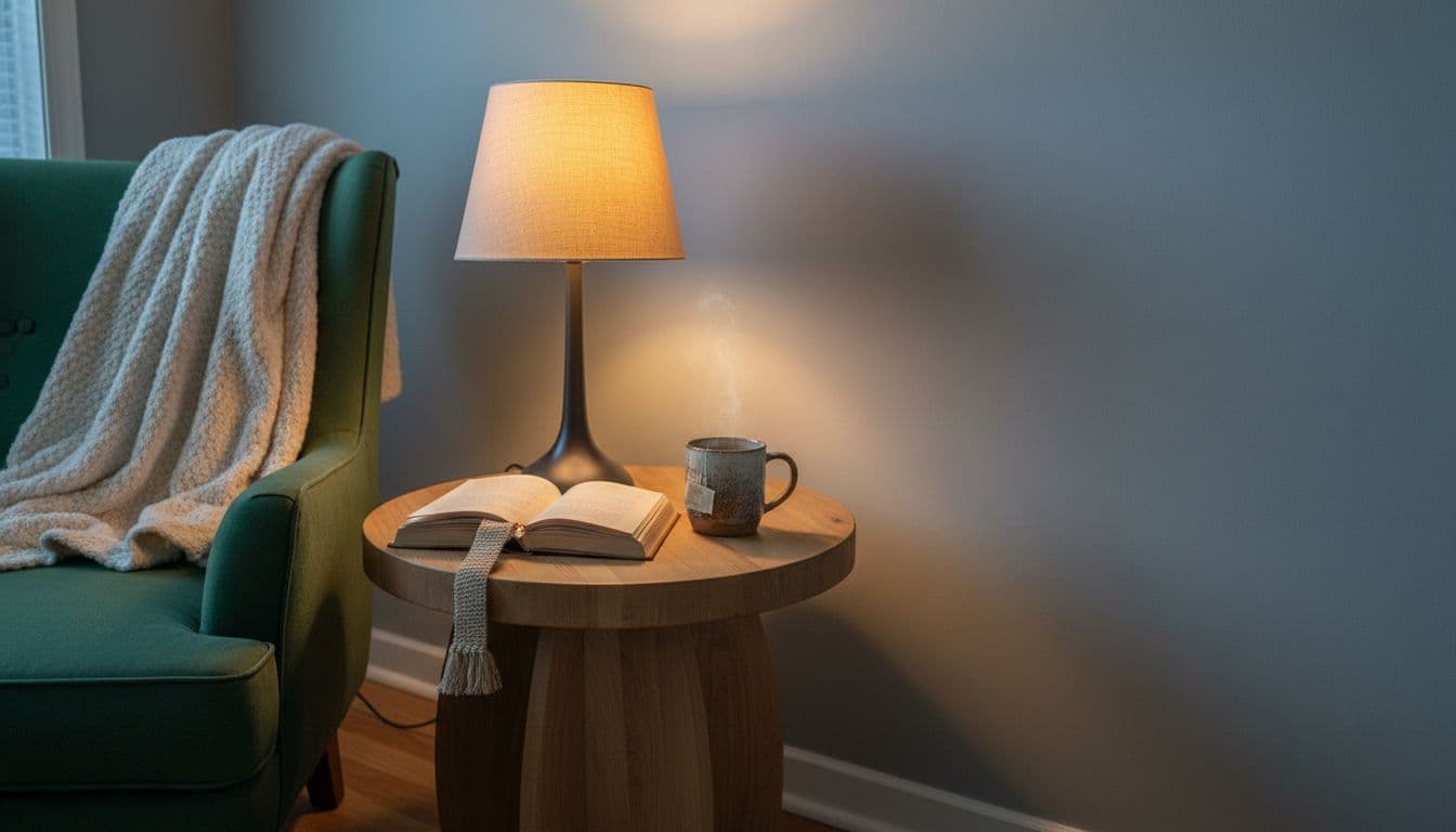 Cozy living room corner in a West Bloomfield MI home during early evening, illuminated by warm amber lamp light on a wooden side table with steaming herbal tea and an open book, beside a forest green armchair with wool blanket in earthy tones and minimalist style.