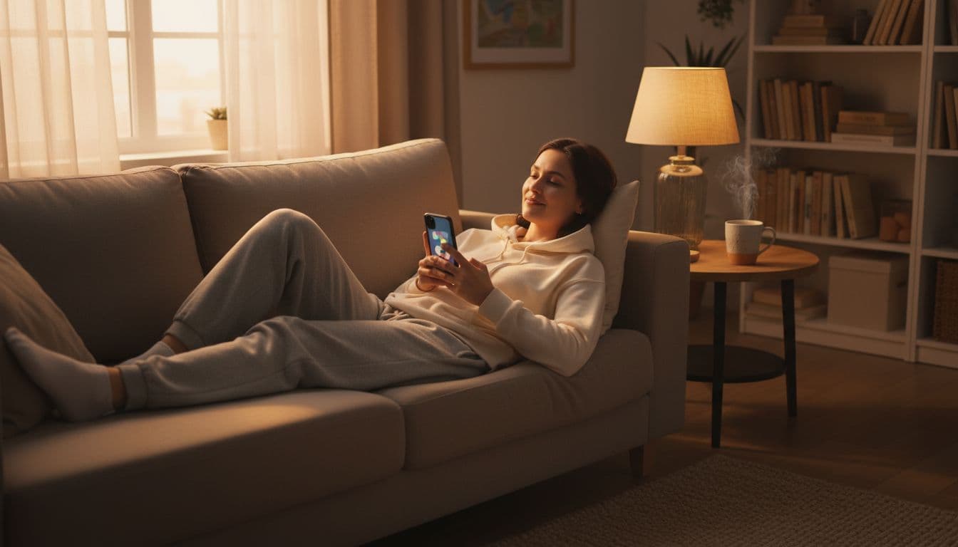A person in comfortable loungewear sits on a couch during evening wind-down, holding a phone for a short music quiz app, with a steaming cup of tea on the side table in a cozy living room.