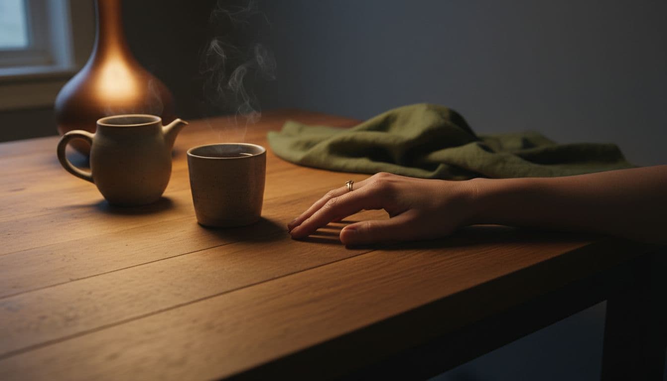 In a West Bloomfield MI kitchen, a relaxed hand rests on a wooden table beside a steaming ceramic mug of reishi tea from a simple pot, under dim warm amber lamp light with slate gray walls and forest green linen cloth in a minimalist setup.