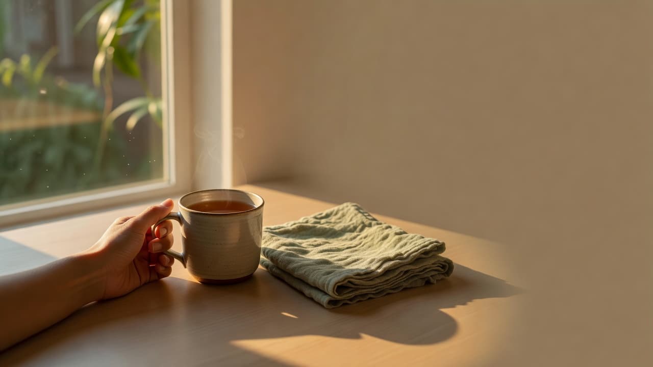 A hand cradles a textured ceramic mug filled with a warm beverage against a bright, sunlit window. The soft linen curtains diffuse light into shades of amber and forest green.