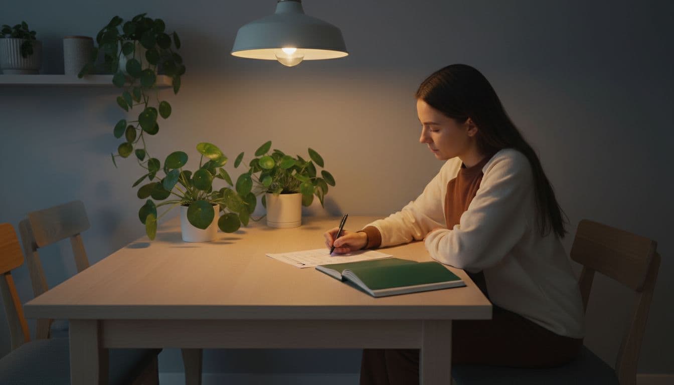 A single person seated at a wooden table in a minimalist West Bloomfield MI kitchen checks off a simple paper sleep hygiene checklist with a pen under warm amber lamp light, surrounded by potted plants and a forest green notebook.
