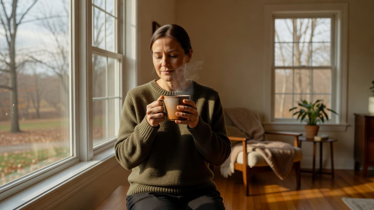 A person sits by a sunlit Michigan home window, cradling a textured ceramic mug in both hands. Earthy neutral tones fill the cozy room while soft light highlights the tranquil minimalist setting.