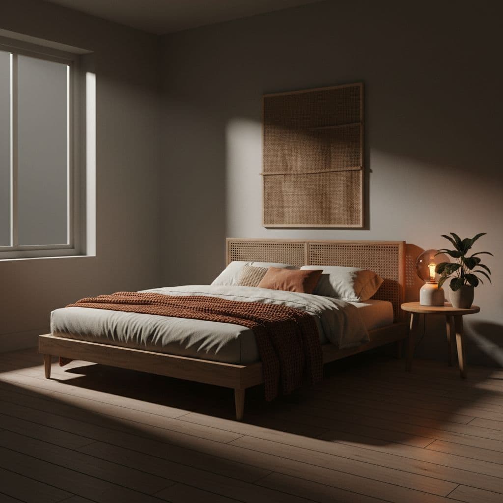 Dimly lit bedroom with moonlight through window, wood textures, and earthy tones.
