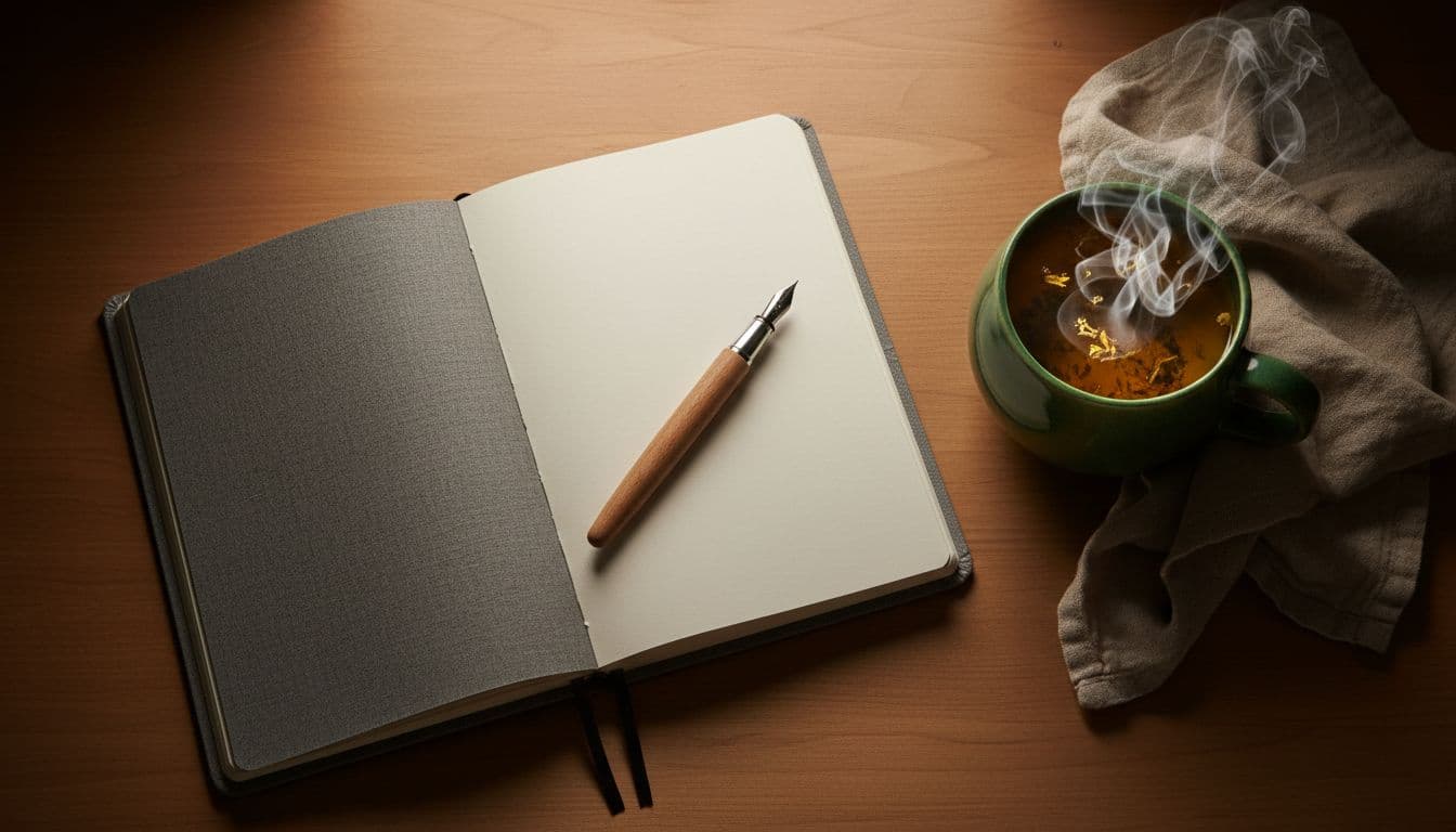 Cozy minimalist evening setup on a wooden table with an open linen-bound journal, resting pen, steaming herbal tea mug, and soft warm amber lamplight casting shadows in earthy tones.