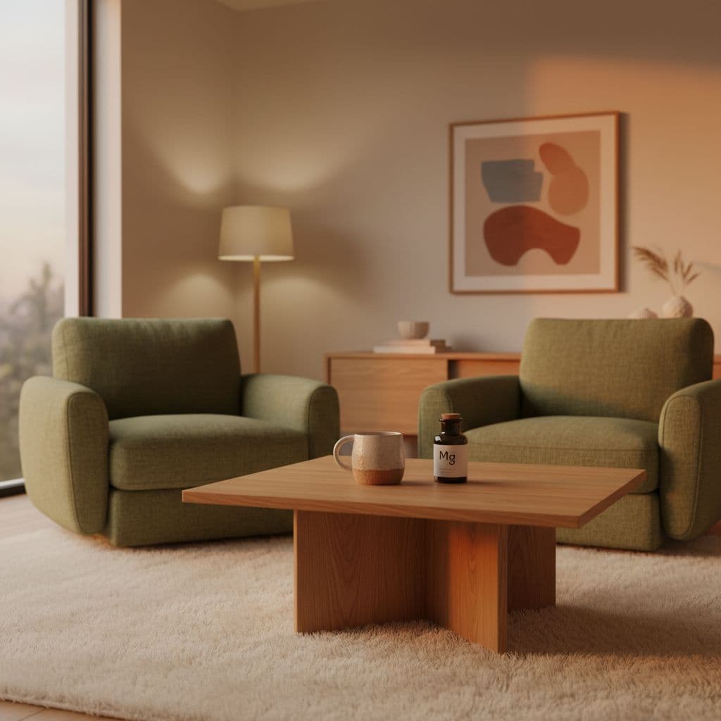A ceramic mug rests on a low wooden coffee table within a clean living area. Soft amber light from the window illuminates the space, creating a calm and restful evening atmosphere.