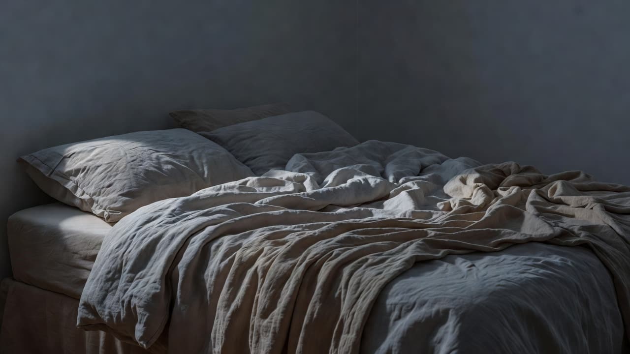 An unmade bed with soft linen sheets in slate grey and beige rests in a quiet room. Gentle moonlight illuminates the bedding, creating a serene environment for restorative night sleep.