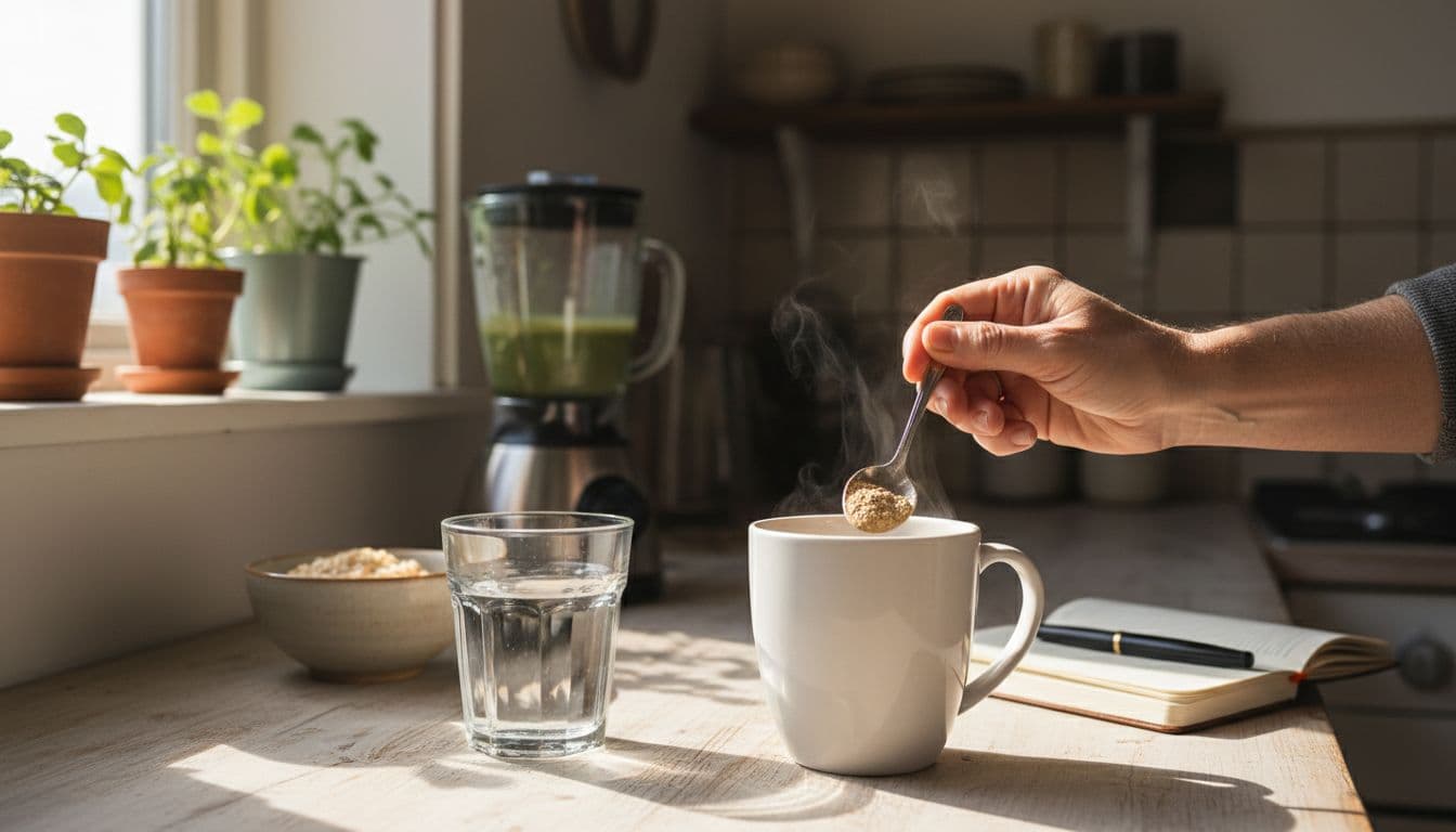 In a cozy kitchen bathed in soft morning sunlight, a 50-year-old person with graying hair stirs beige nootropic mushroom powder into a steaming mug of coffee on a wooden counter. Nearby healthy items include water, oatmeal, smoothie ingredients in a blender, and a journal, evoking a calm ritualistic mood.