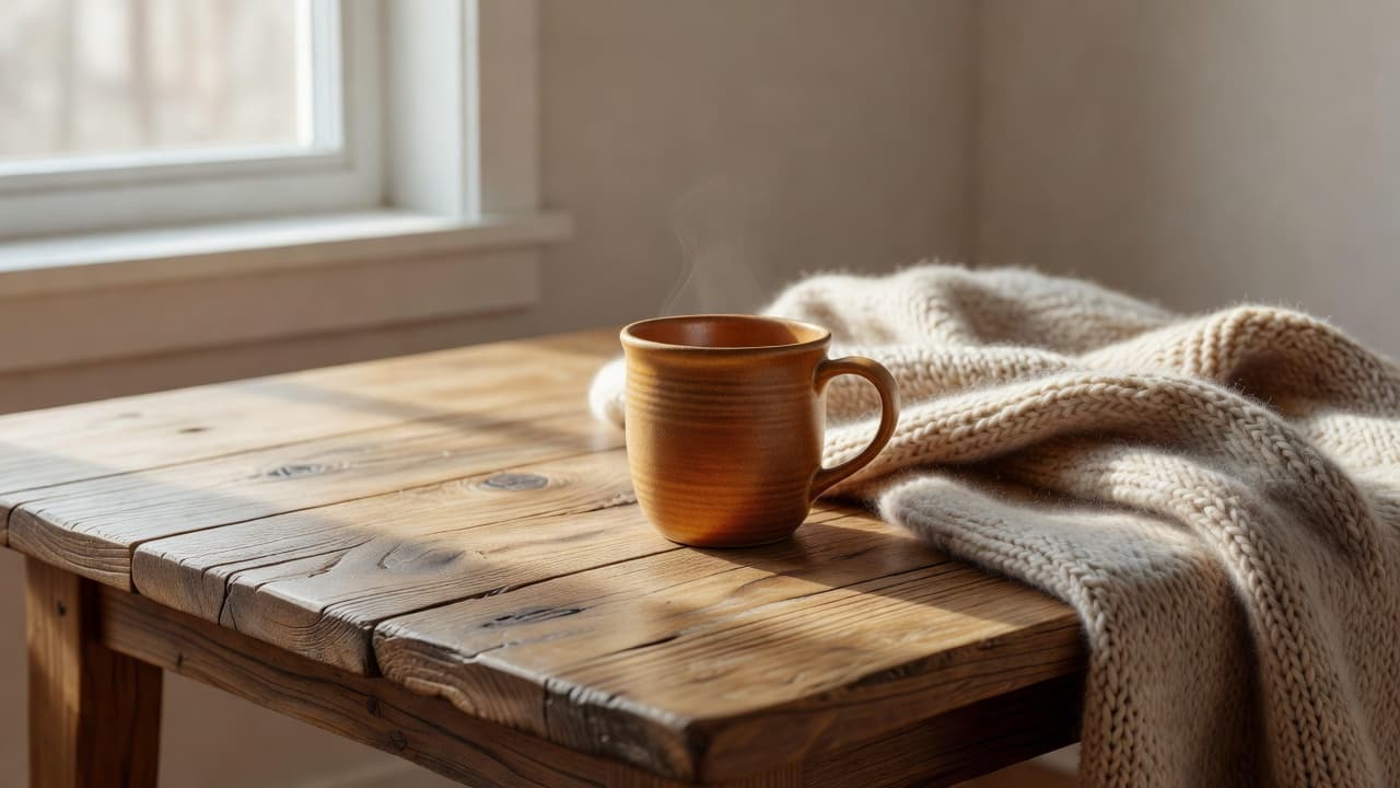 A textured ceramic mug rests on a rustic wooden table beside a soft knitted blanket. Gentle natural light streams through a nearby window, creating a serene and comforting home atmosphere.