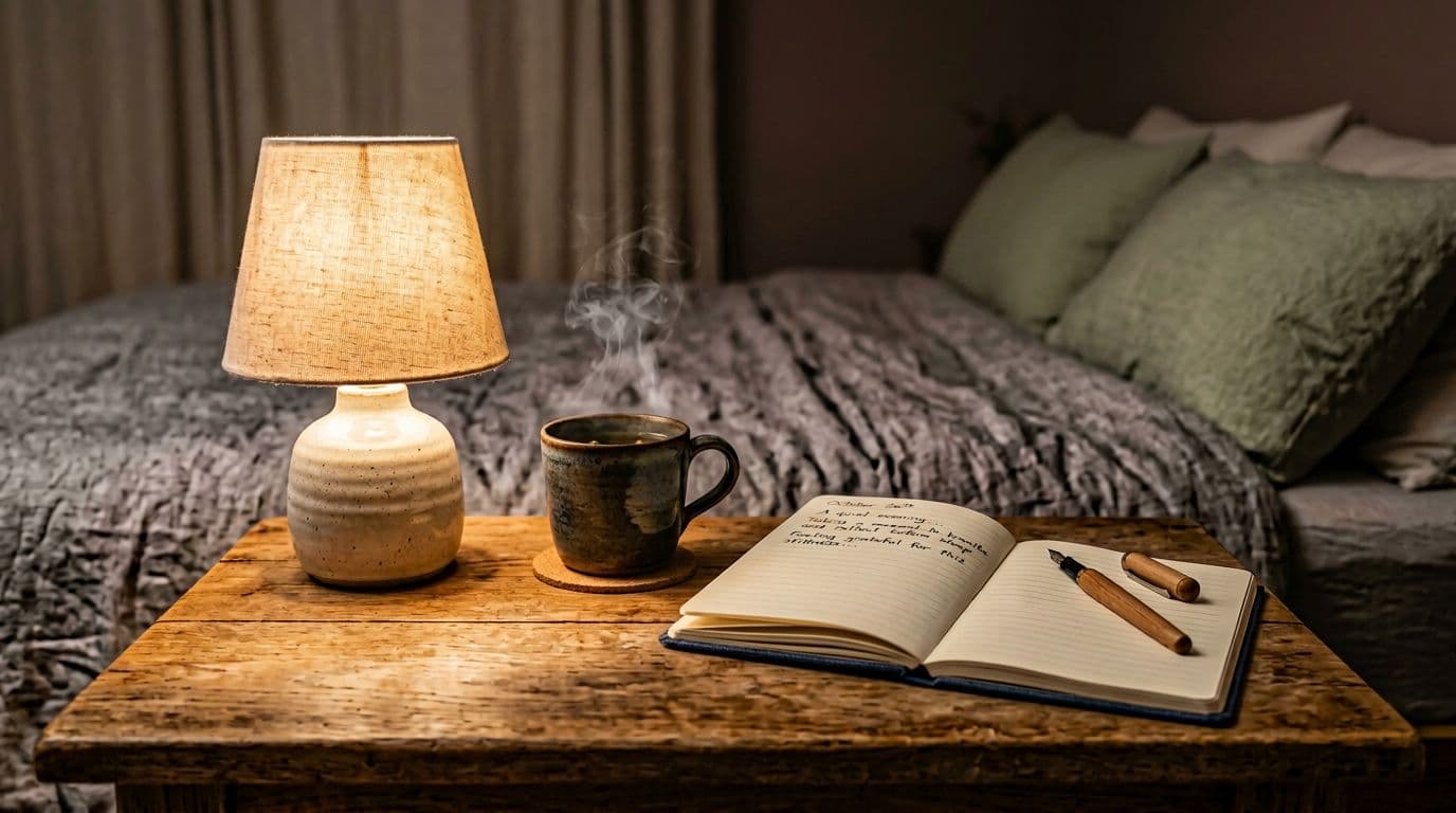 A simple wooden nightstand in a softly lit bedroom holds a steaming cup of herbal tea, an open journal with pen, and a small ceramic lamp emitting a warm glow, evoking a relaxed pre-sleep ritual.
