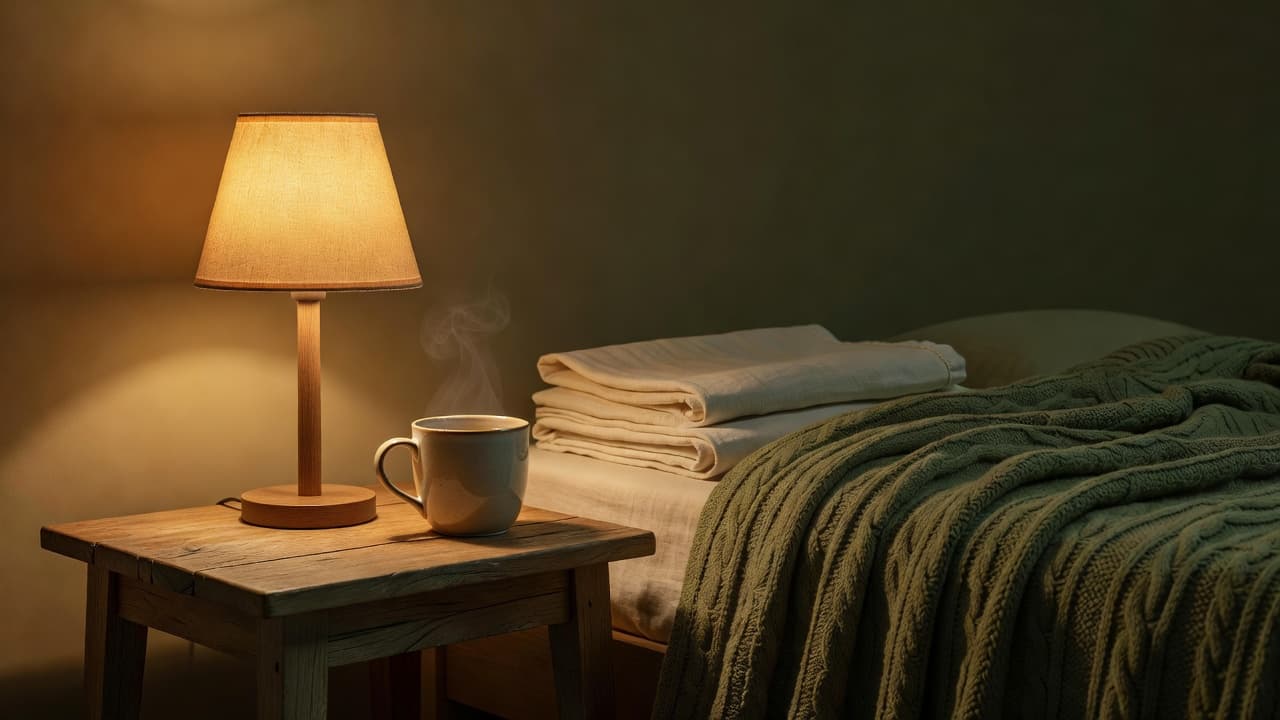 A wooden bedside table holds a steaming ceramic mug of tea beside a softly glowing lamp. Linen sheets and a knitted blanket create a peaceful, earthy atmosphere for evening relaxation.