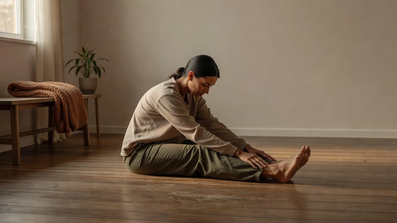 A person in soft loungewear sits on a polished wooden floor, performing light stretches in a minimalist room. Warm sunset light filters through a nearby window, illuminating the serene space.