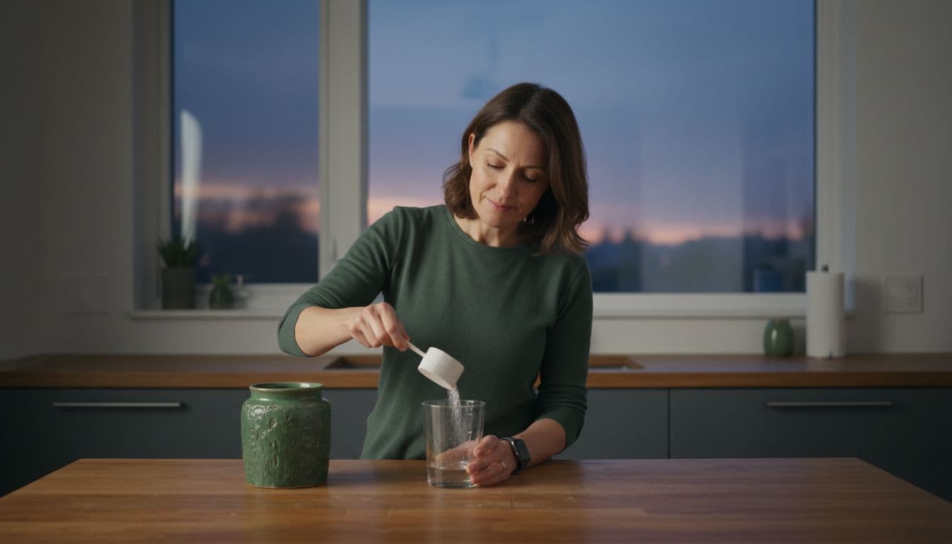 A relaxed mid-40s person pours powder into a glass of water on a wooden counter in a simple West Bloomfield kitchen, with twilight sky visible through the window and earthy tones in minimalist style.