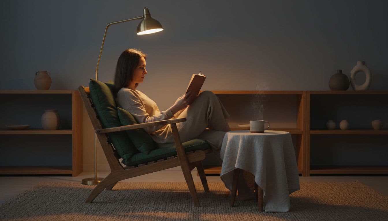 Person relaxes in wooden armchair reading book by warm lamp light with steaming tea on side table.