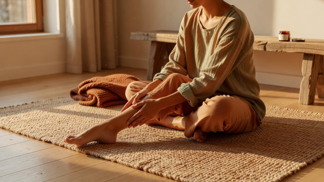 A person in soft loungewear performs a calf stretch on a rug in a sunny room.