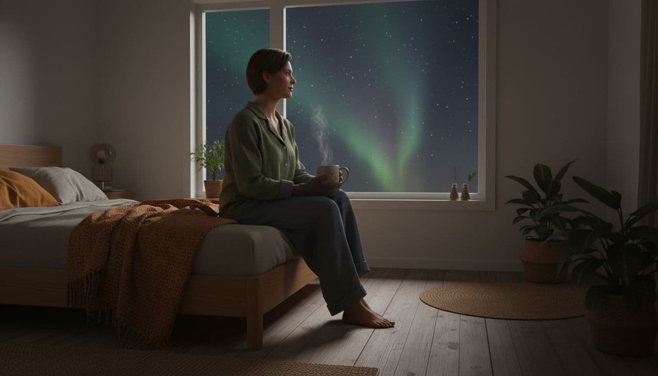 Person in pajamas sits on bed edge holding tea mug, gazing at starry Michigan night sky.