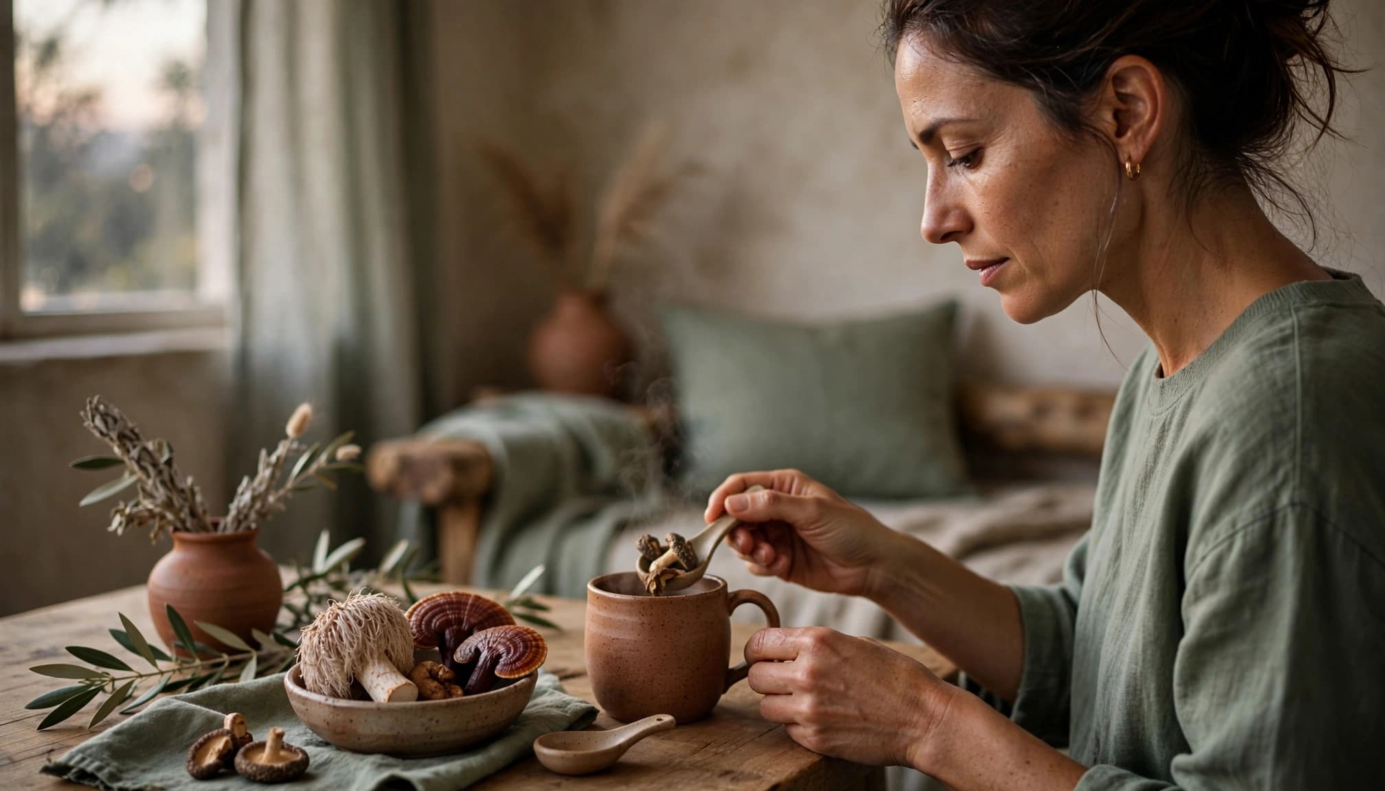A person prepares mushrooms and tea in a softly lit bedroom nook.