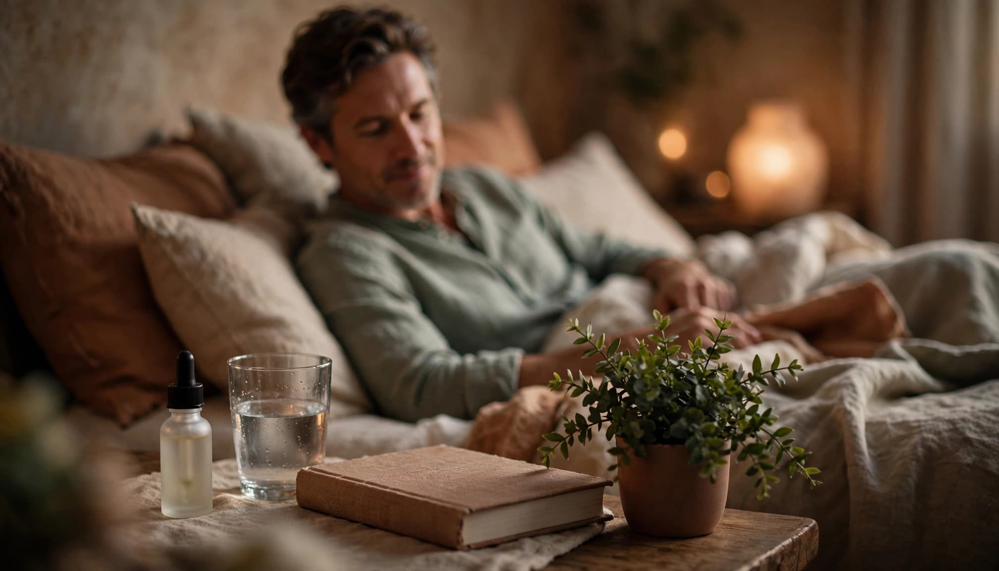 An adult relaxes near a bedside table with CBD oil and water.
