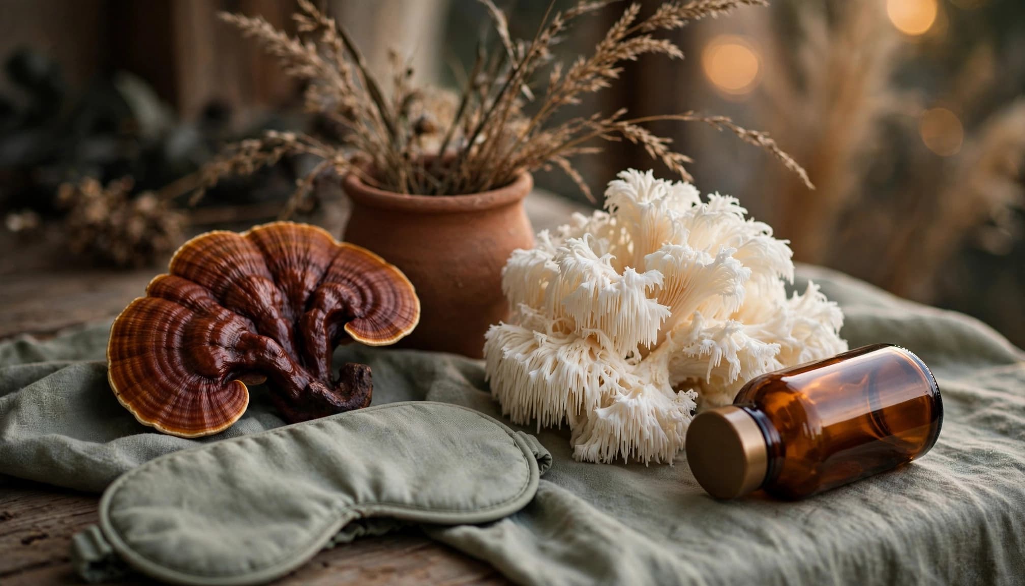Reishi and lion's mane mushrooms beside an amber bottle and linen sleep mask on a warm bedside table.