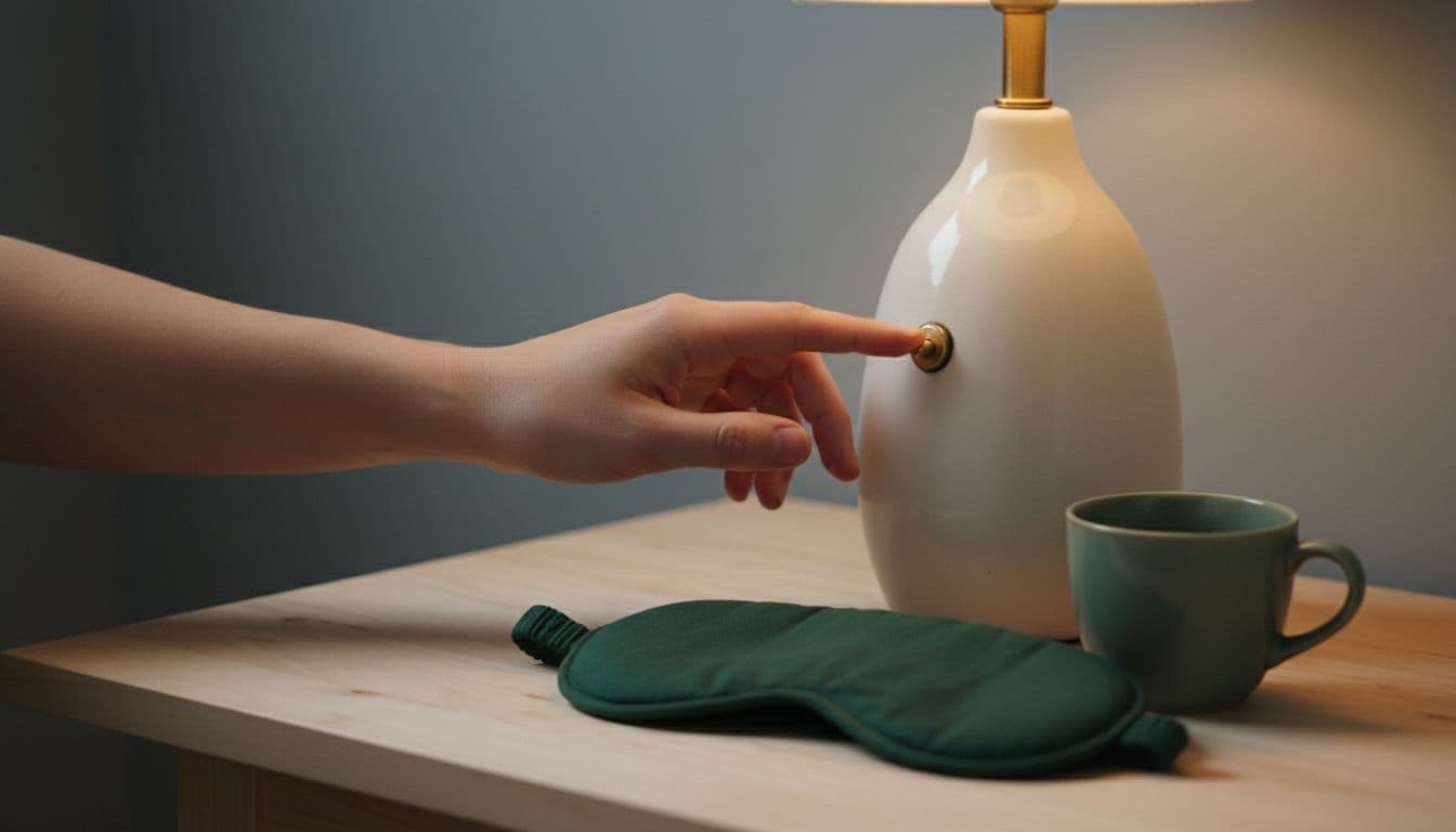 A relaxed hand gently turns off a ceramic bedside lamp on a wooden table beside an organic sleep mask and empty tea cup, with fading warm amber glow in a minimalist Michigan bedroom, initiating an evening wind-down routine.