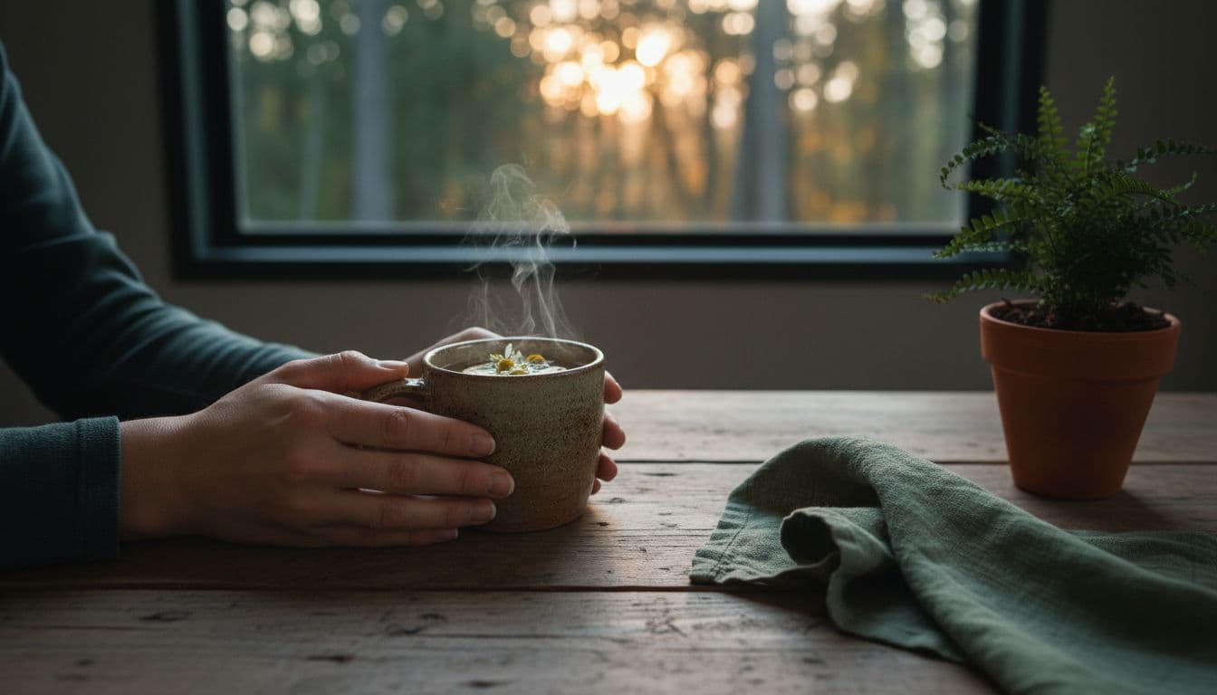 Hands cradling a warm ceramic mug of steaming herbal tea on a wooden table beside a linen napkin and small potted plant, illuminated by soft evening light with blurred Michigan woods visible through the window.