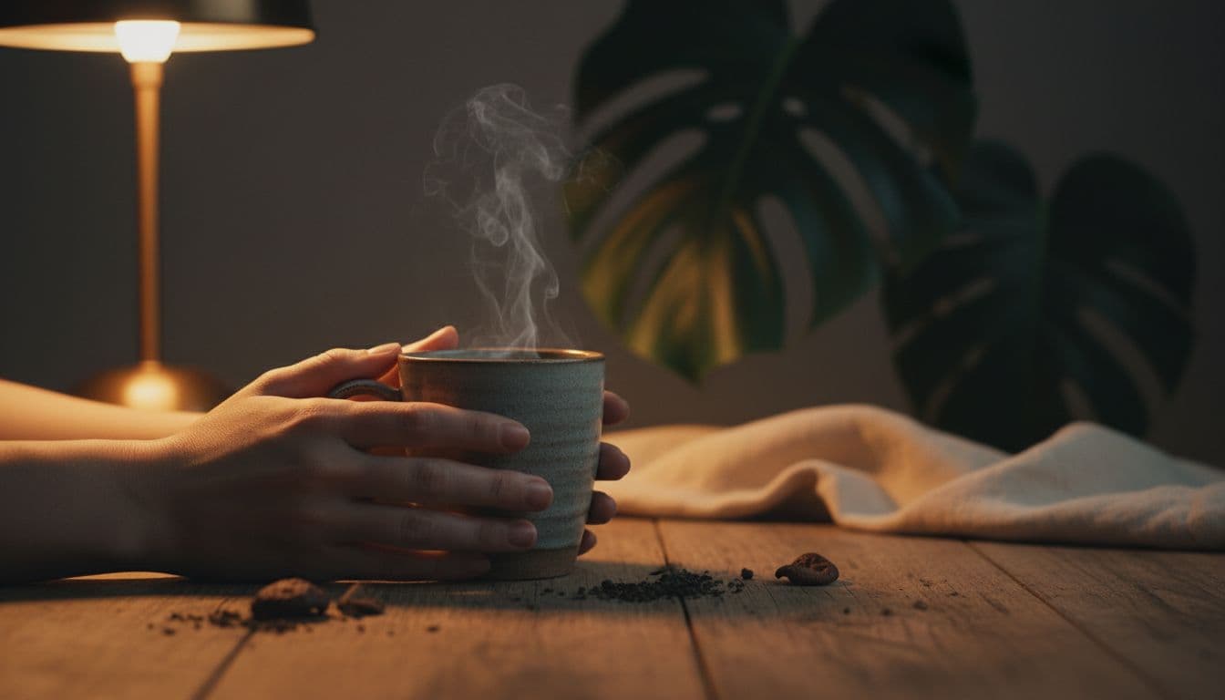 Hands hold a steaming ceramic mug on a wooden table in a dimly lit room with warm amber light and subtle green plants.