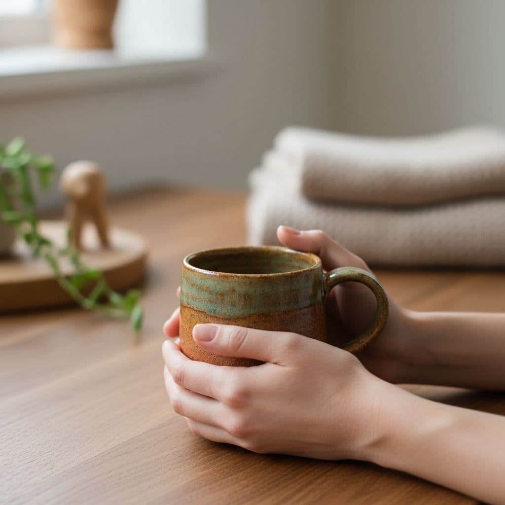 Close-up of hands holding ceramic mug on wooden surface in cozy home.
