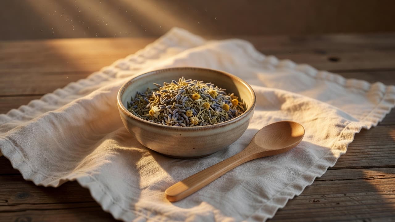 A rustic ceramic bowl filled with assorted dried herbs sits upon a crinkled linen cloth. A wooden spoon rests nearby as warm, amber sunset light casts long, soft shadows across the table.