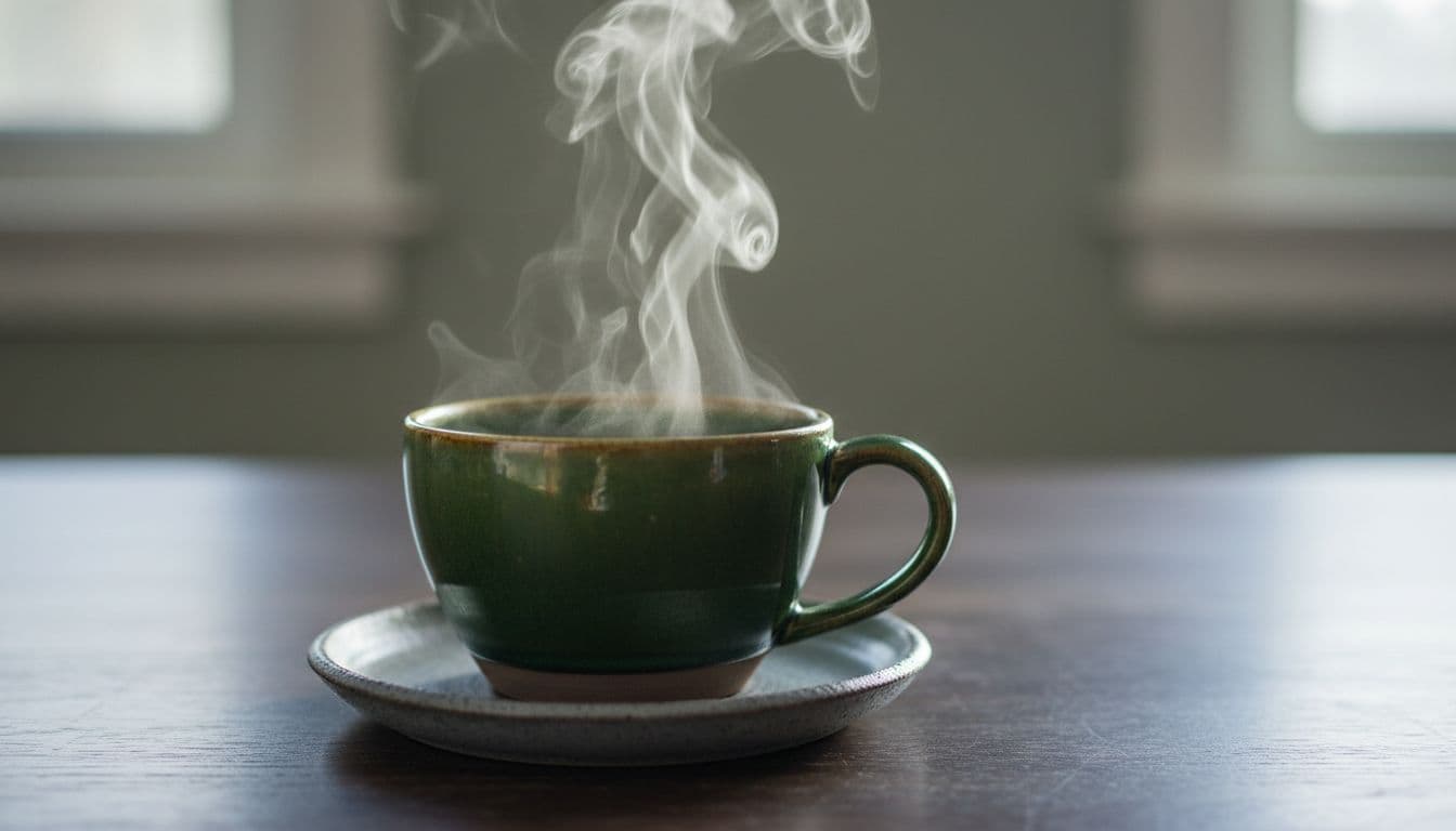 Steam rises from wide ceramic cup of herbal tea on saucer in earthy tones.
