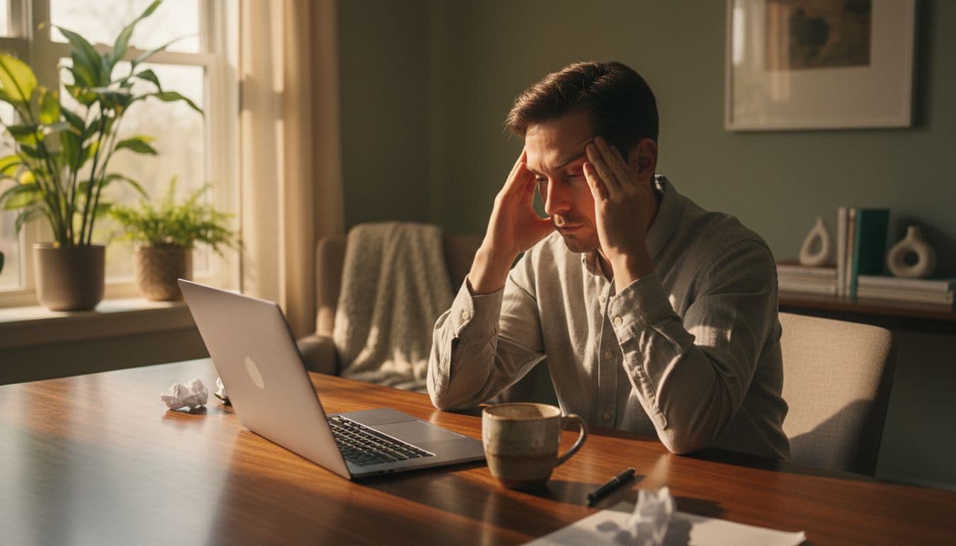 Busy high-achiever at wooden desk in West Bloomfield home office, foggy-eyed and rubbing temples while viewing laptop, half-empty coffee mug nearby, warm morning light with plants, minimalist earthy tones.