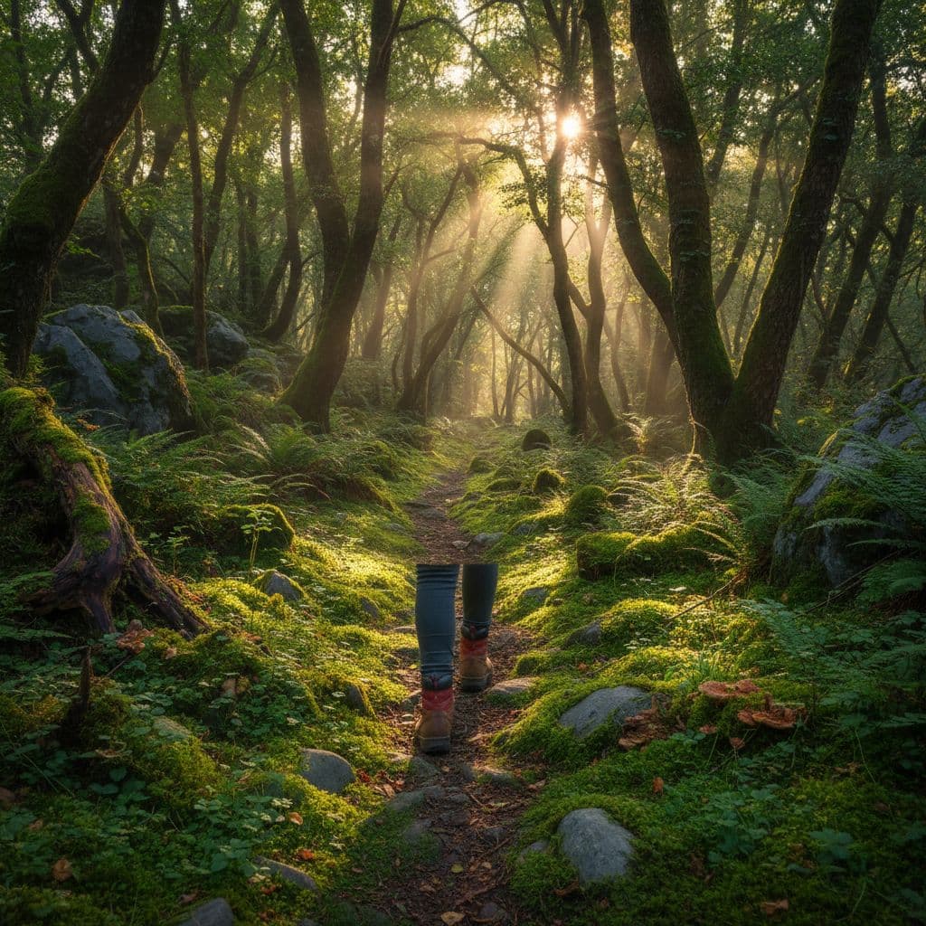 A hiker wearing sturdy boots walks along a soft forest path blanketed in thick green moss. Soft golden morning light filters through the tall canopy, creating a peaceful and serene environment.