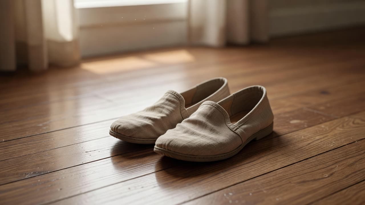 A pair of neutral linen shoes sits on dark hardwood planks as soft morning sunlight streams across the floor. The arrangement evokes a sense of stillness and quiet morning preparation.