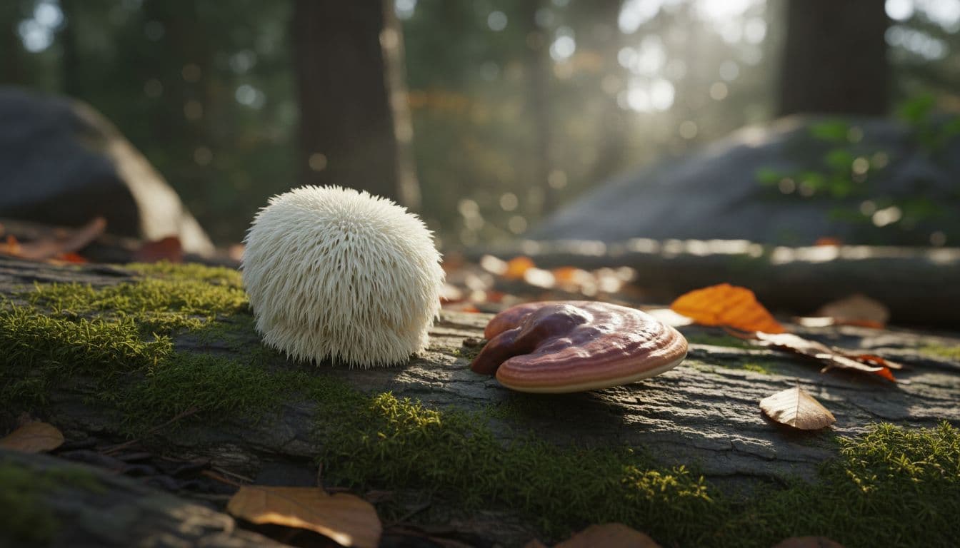 Close view of fresh Lion's Mane cluster and Reishi on mossy wooden surface in soft forest light.