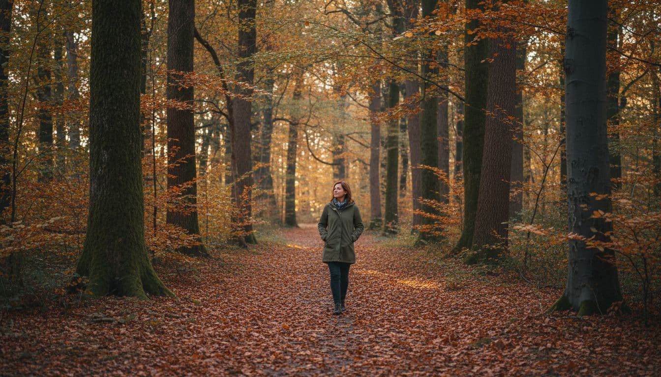 A single mid-40s person walks slowly with hands in pockets on a leaf-strewn forest path amid Michigan's autumn woods, sunlight filtering through trees in an earthy palette of greens, grays, and ambers.