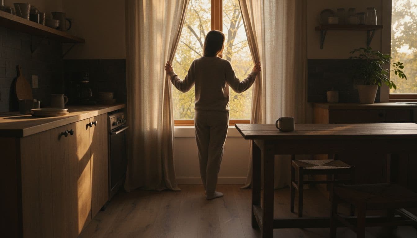 Person in cozy kitchen opens curtains with relaxed hands, revealing morning sunlight through trees onto wooden counters and mug.
